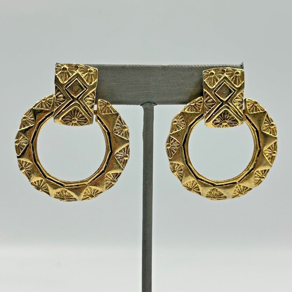 Vintage Earrings Gold Tone Geometric Door Knocker Tribal Pierced Statement 1.5"